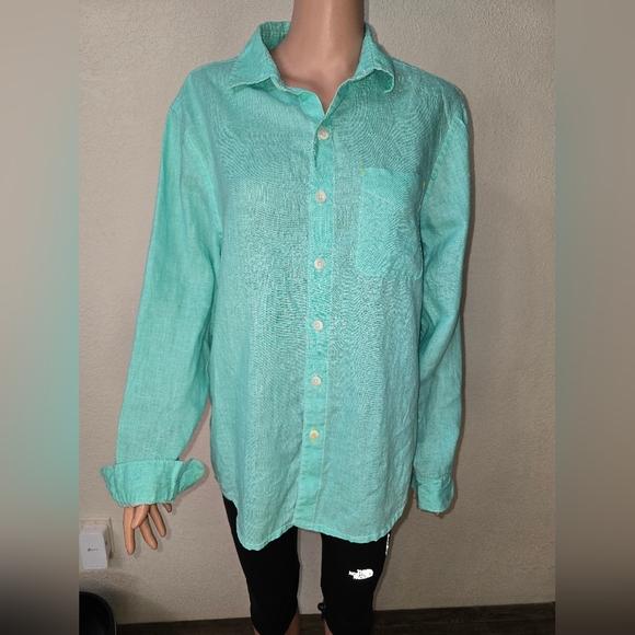 Tommy Bahama Womens 100% Linen Long Sleeve Blouse Small Green Button Up Collared - Picture 2 of 11